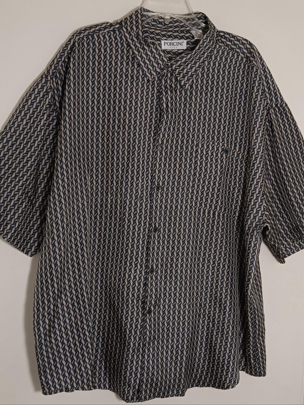 Men's Porcini 100 Percent Silk Short Sleeve Button Up Shirt Xl Blue/ Cream .
